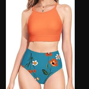 Herseas Brand NWOT Size Medium Orange & Blue Floral Bikini High Waisted Swimsuit